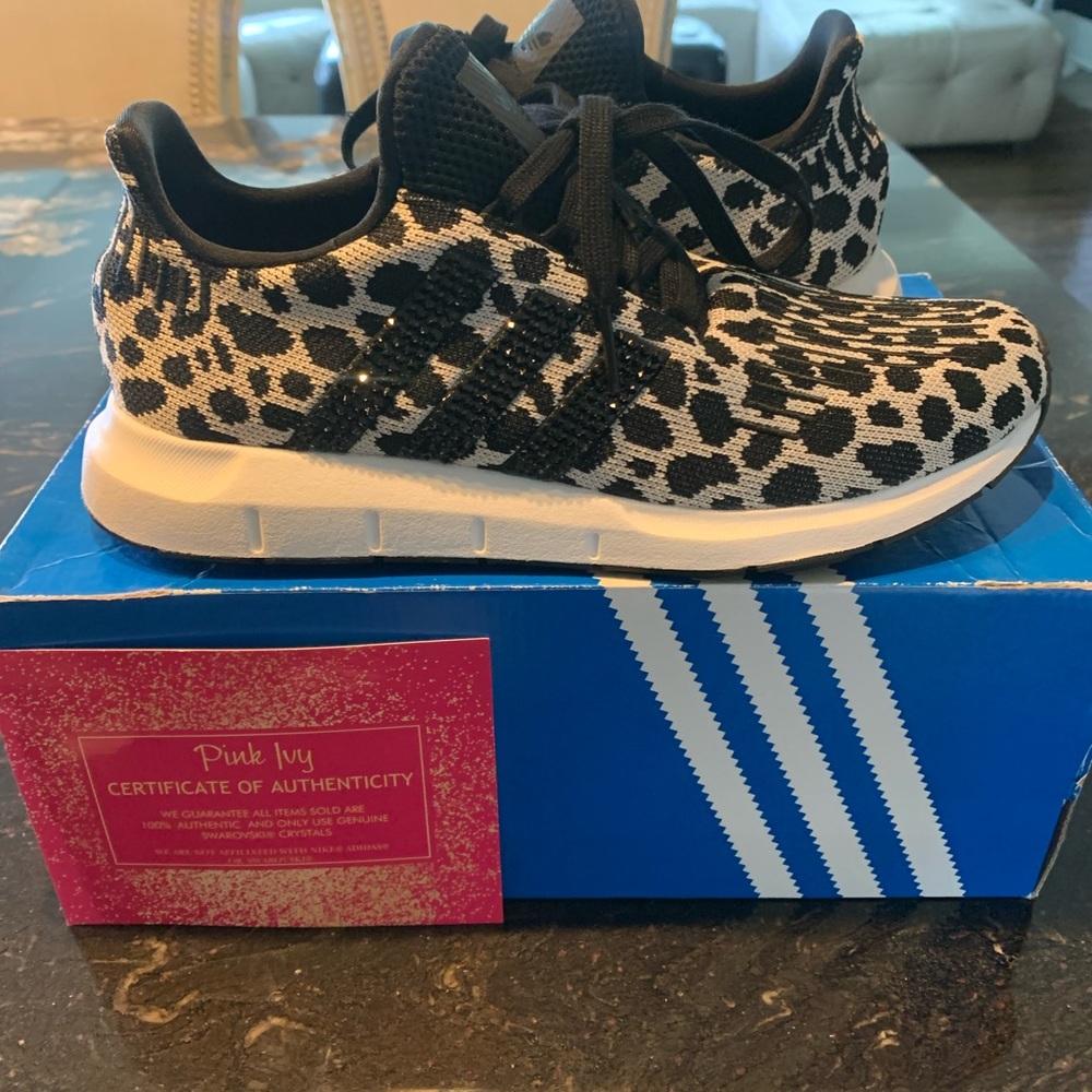 Adidas Swift Run Black Carbon Leopard Blinged Out Sneakers